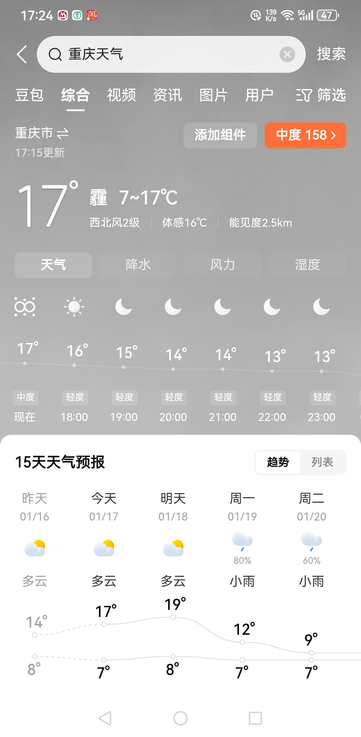 2026年1月17日下午17点，成都和重庆天气，一目了然。