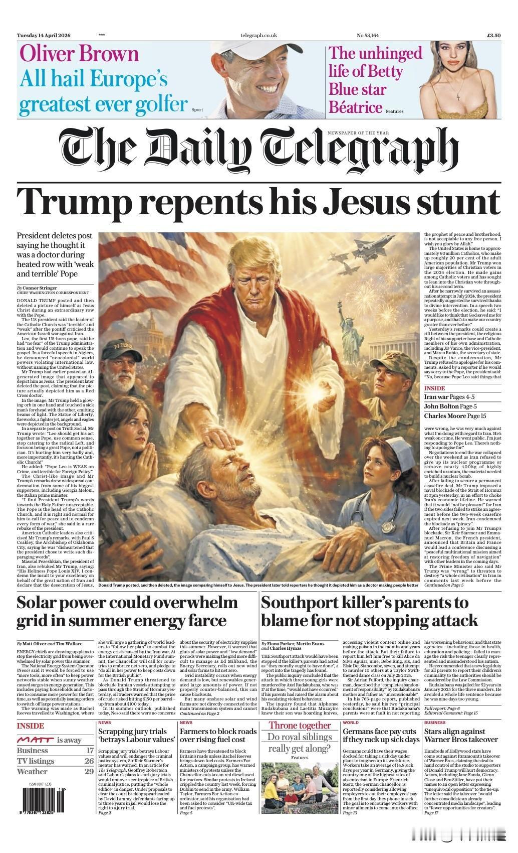 英国《每日电讯报》4月14日的头版头条来了[笑哭]