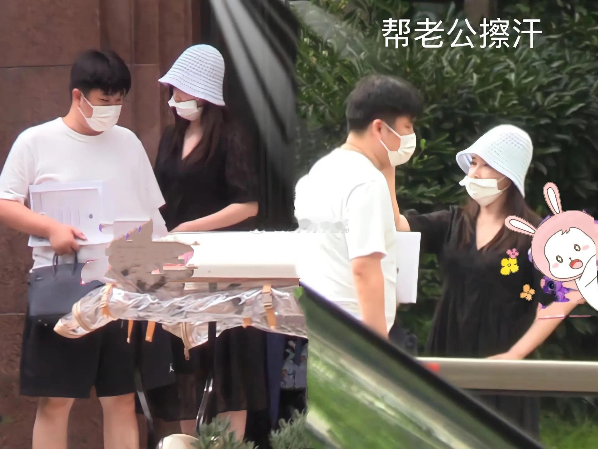 阚清子产检，医院门口帮老公擦汗好甜蜜。阚清子跟老公感情真好，孕期多次被偶遇老公都