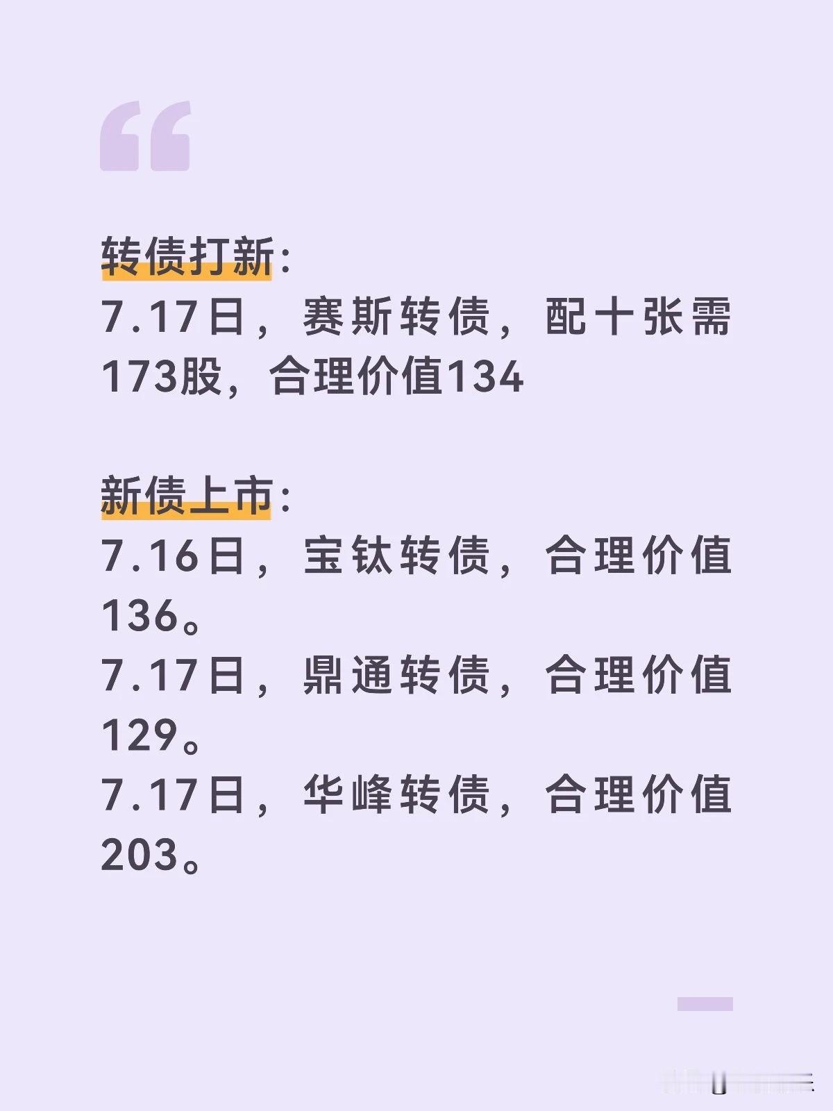 20260715

转债打新：
7.17日，赛斯转债，正股赛恩斯配债安全垫2%，