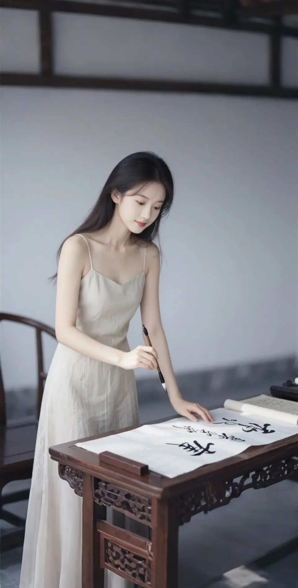 AI扩图 AI书案间的少女