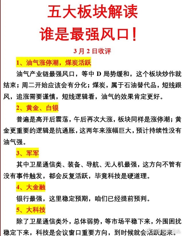 3月2日五大板块解读，谁是最强风口！1、油气涨停潮，煤炭活跃油气产业链最强风口，