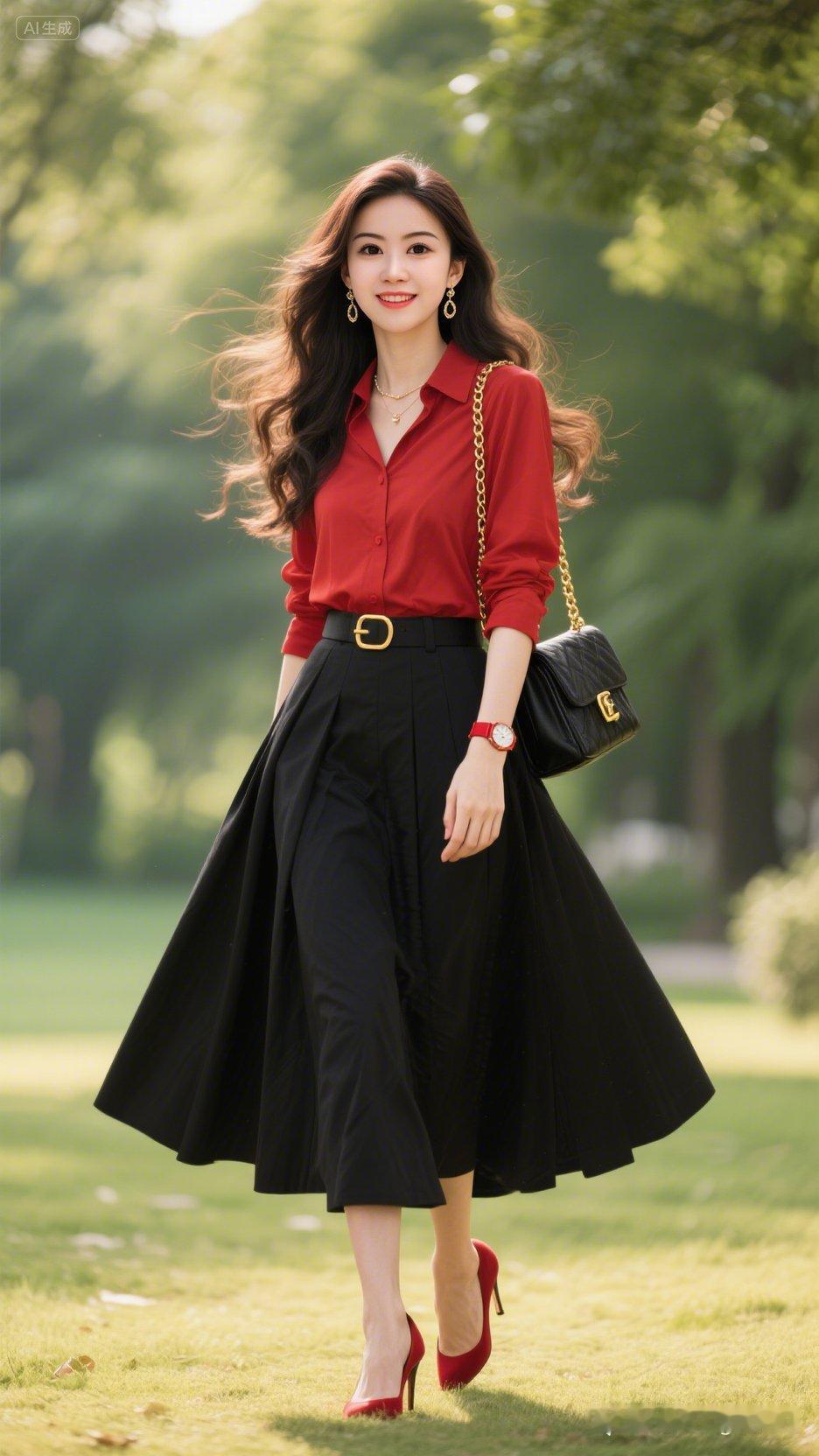 穿红衬衫配黑裙子的漂亮姑娘。