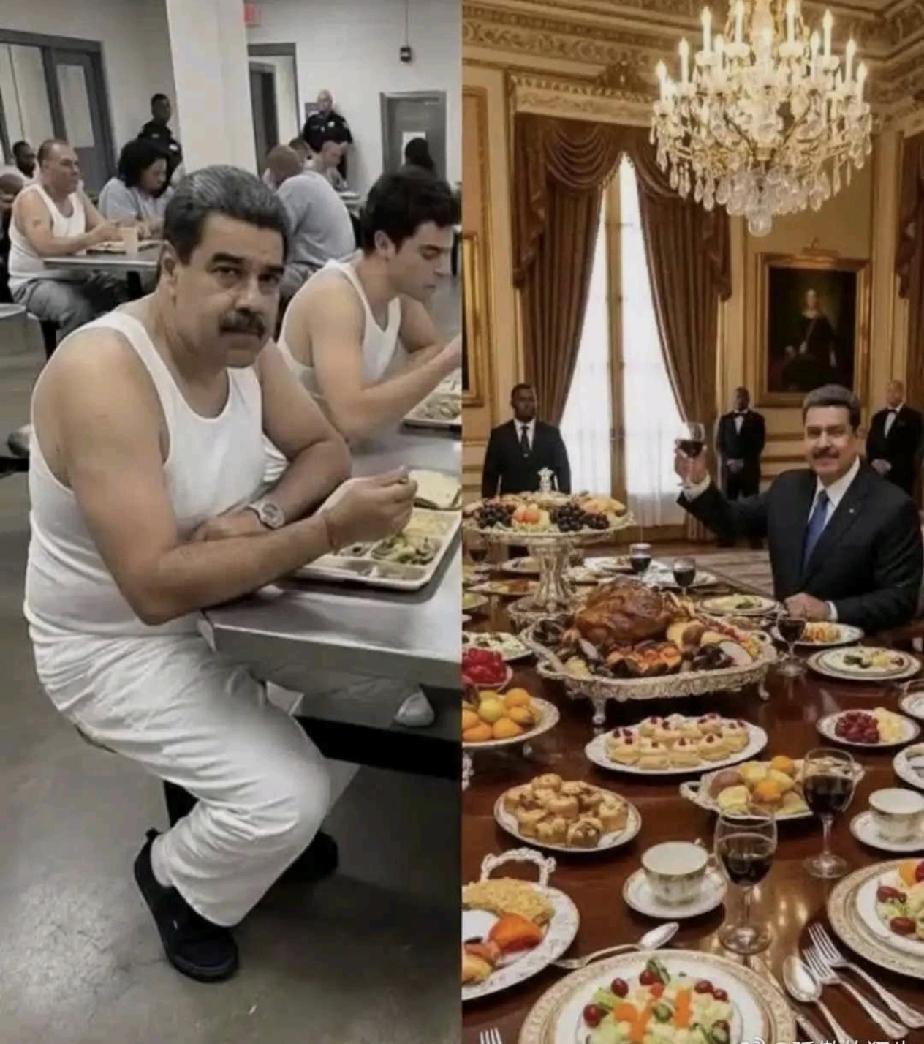 大家看看这张对比强烈的图，说实话心里挺复杂的。左边是沦为阶下囚的马杜罗，右边是他