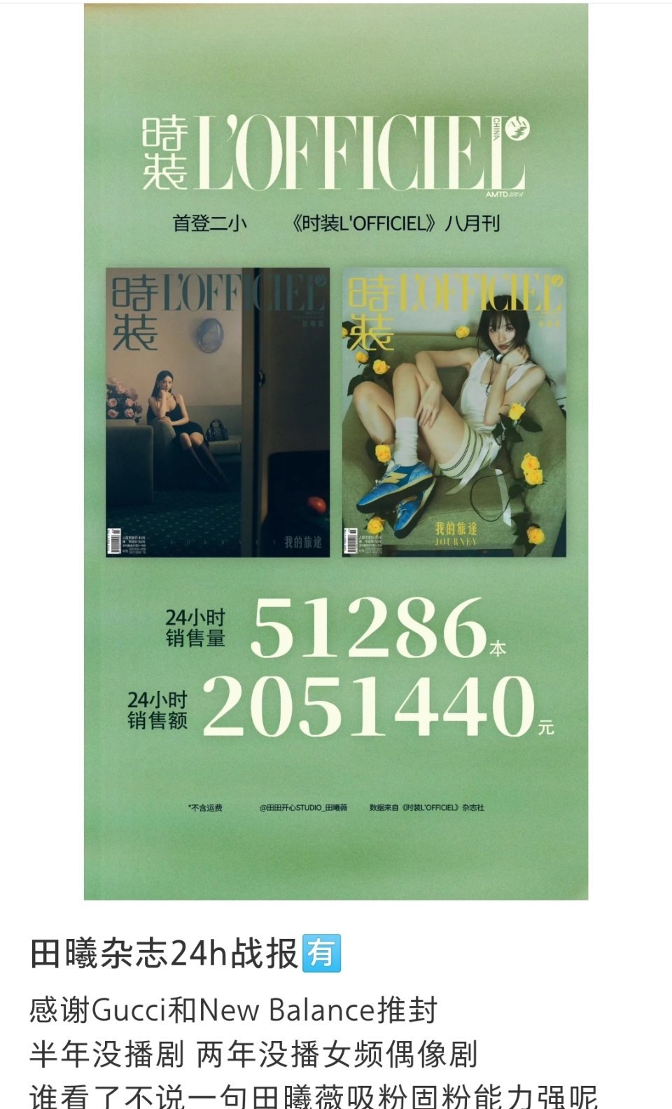 田曦薇首登时装二小杂志，24小时销售战报来了。 ​​​