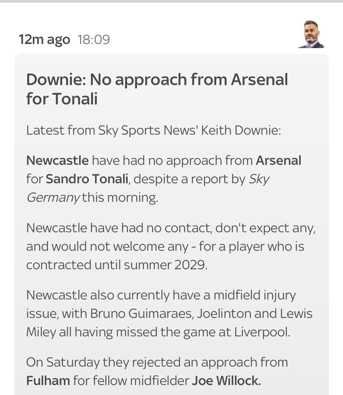英国天空体育：尽管德国天空体育今晨有相关报道，但纽卡斯尔并未收到阿森纳对桑德罗·
