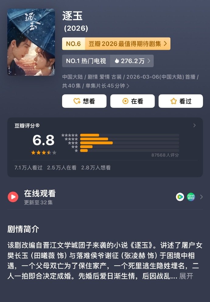 张凌赫田曦薇逐玉豆瓣开分6.8逐玉豆瓣 张凌赫田曦薇逐玉豆瓣开分6.8，逐玉豆瓣