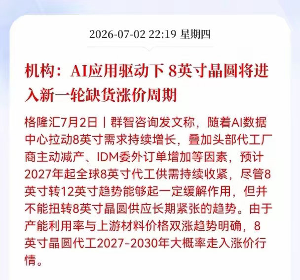 利好消息！重大利好消息！8英寸晶圆行业迎重大利好消息！机构：AI应用驱动下8英寸