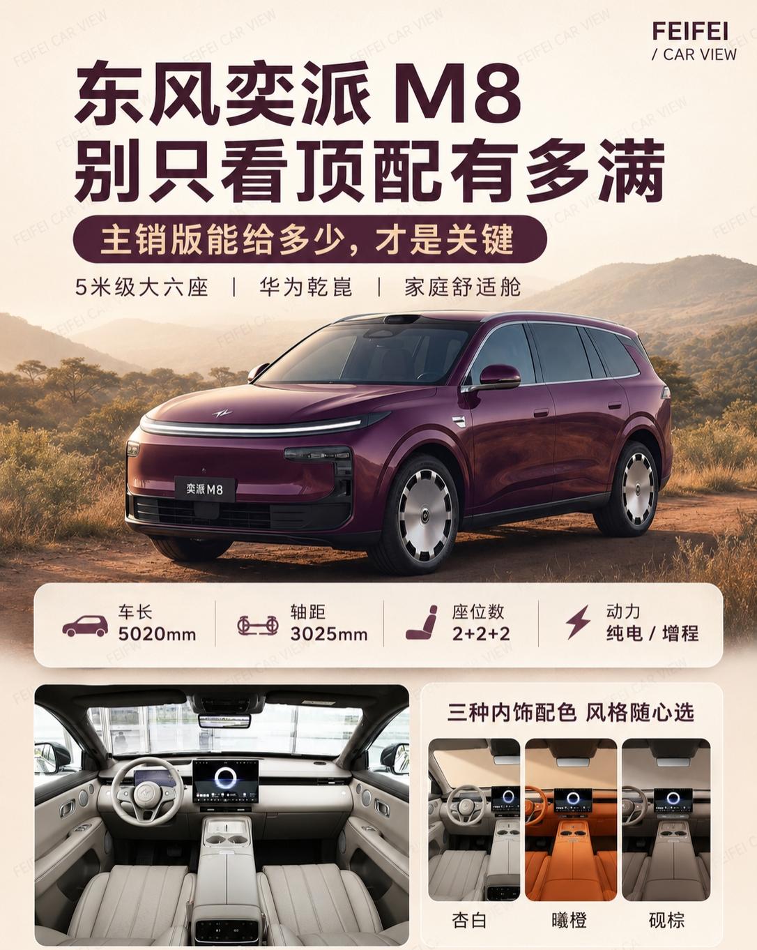 东风奕派 M8，别只看顶配有多满东风奕派 M8 这台车，现在看配置确实挺满。
5
