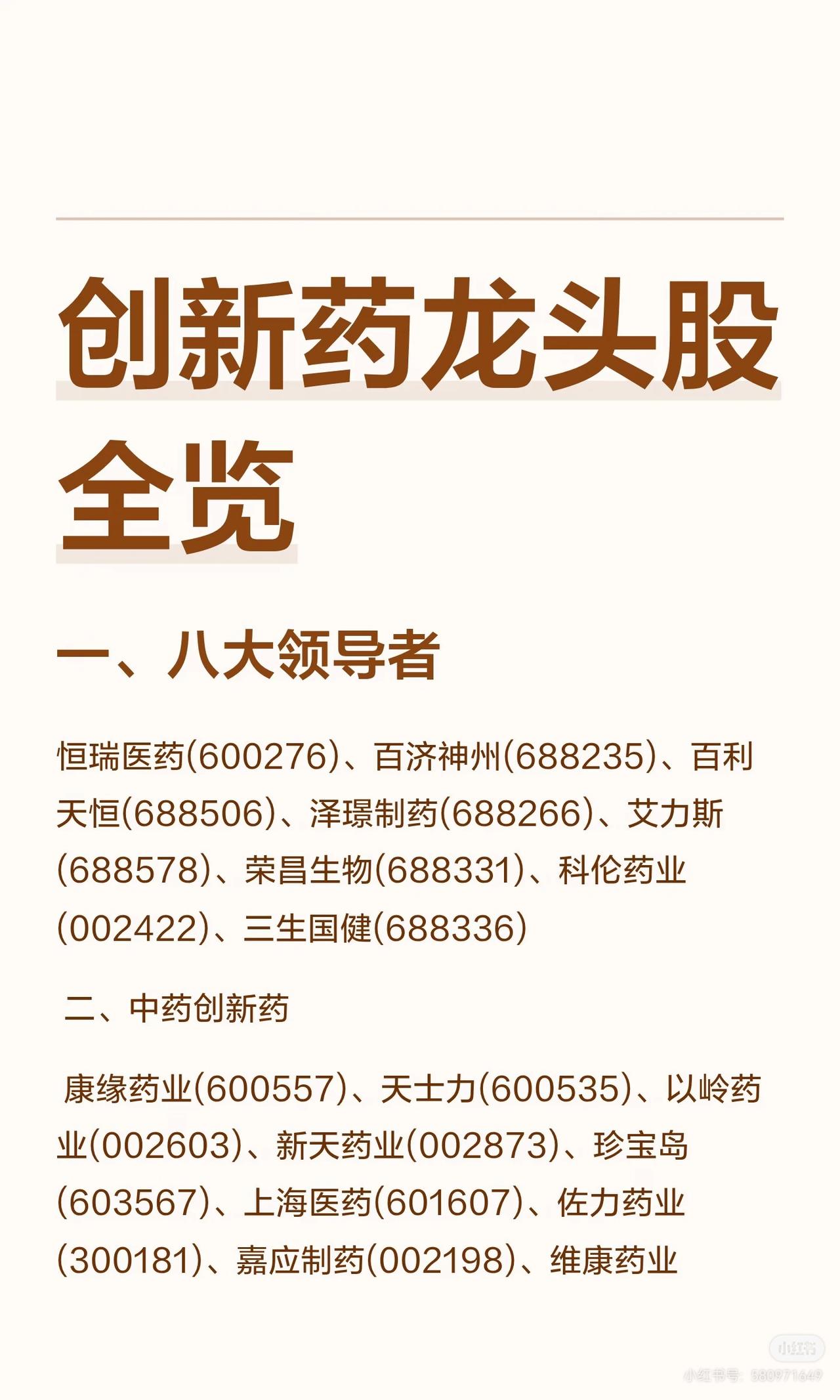 💊创新药龙头股全览来啦！医药投资干货整理👇

🔹八大领导者

恒瑞医药(6