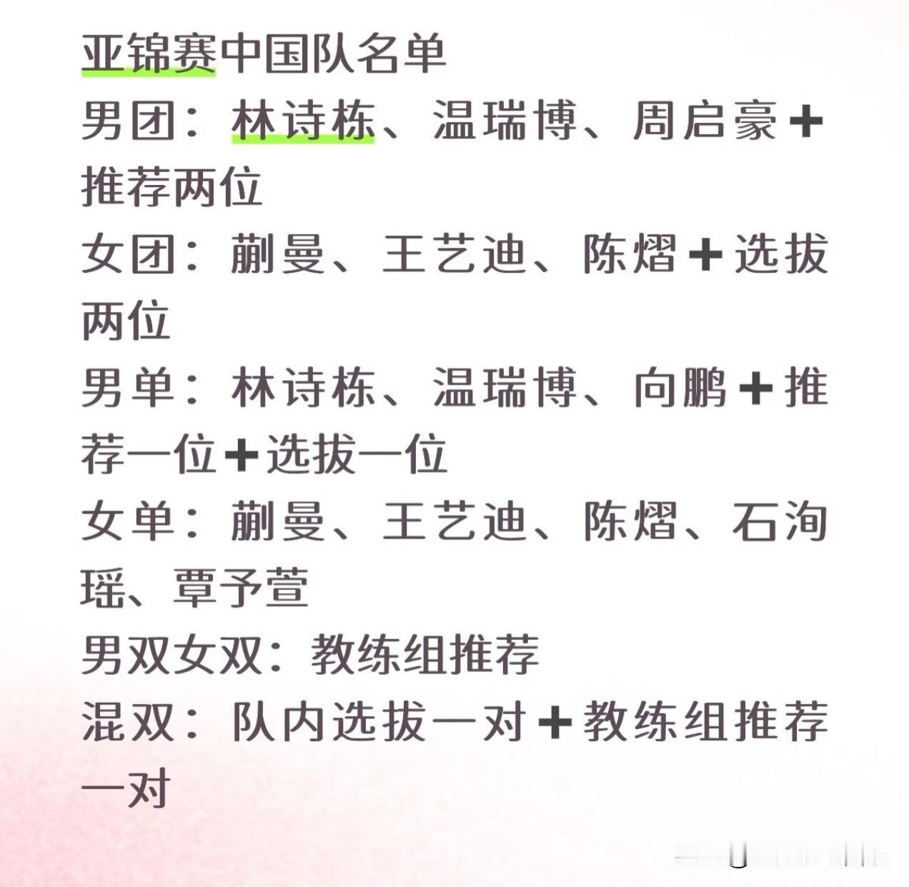 孙颖莎、王楚钦、王曼昱、陈幸同、何卓佳自愿放弃亚锦赛的选拔资格。

国乒最新消息