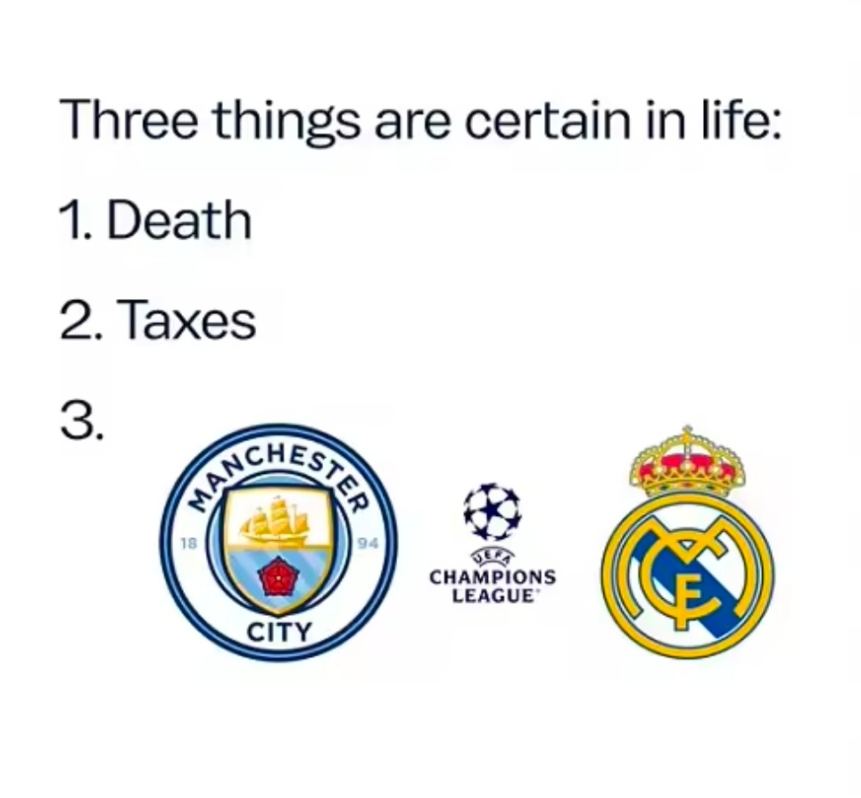 连续交手5年，曼城官方玩梗：人生三大事死亡、税收、打皇马在欧冠1/8决赛抽签出炉