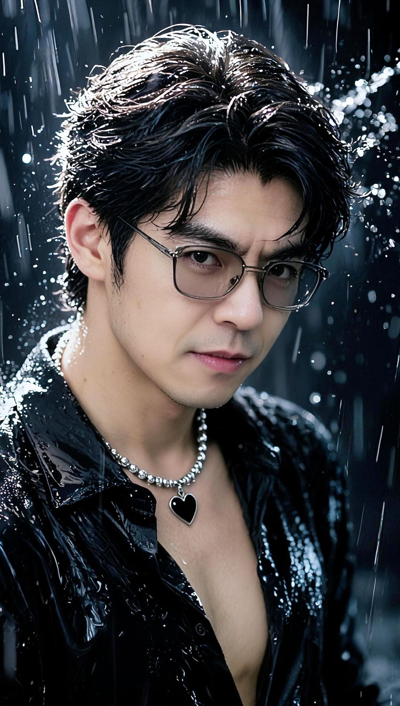 🌧️雨珠在镜片碎成星子，心跳藏进黑桃项链里。他眼神是未说出口的诗，潮湿空气都在