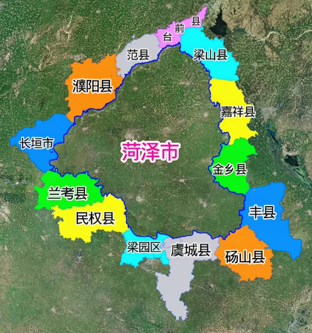 菏泽市各区县地图，颜色区分明显。鲁西南菏泽地形真的很奇怪。四面包围