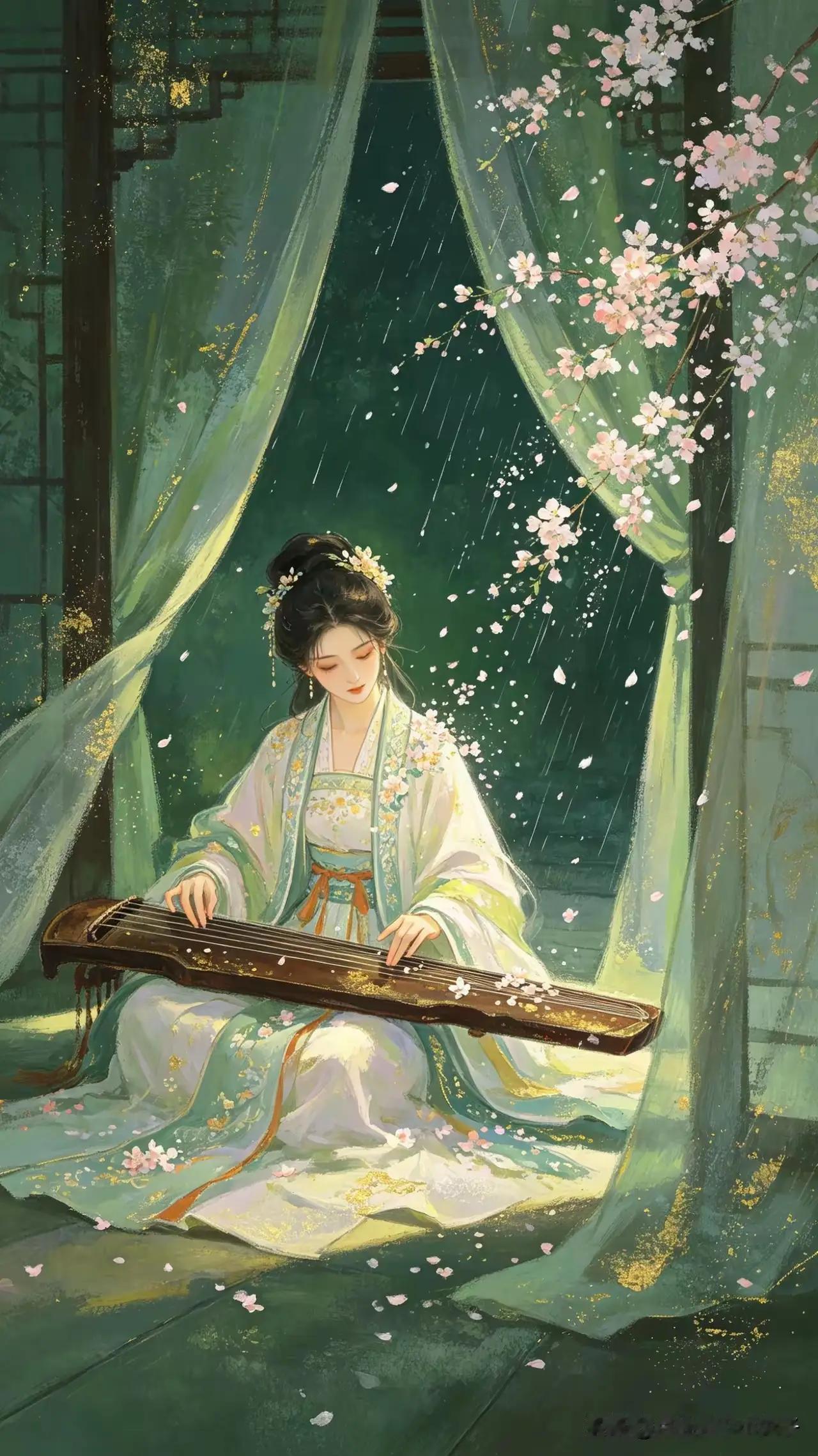 独坐深闺抚旧琴，
弦声欲诉夜沉沉。
落花帘外纷如雨，
相思离愁思故人。