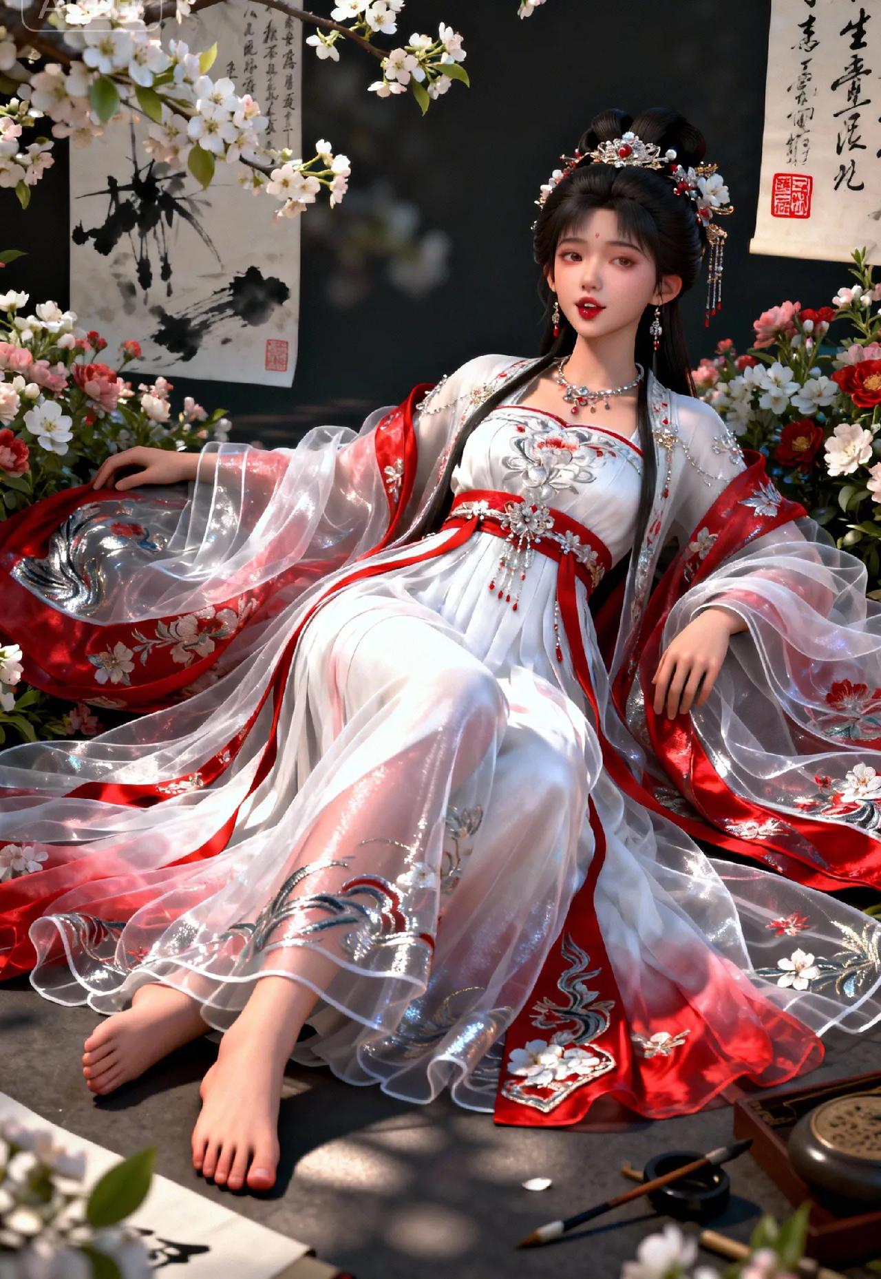 薄纱曳地，绣纹缠枝漫卷；赤足沾香，鬓边花钿晕红。墨卷斜陈，笔砚待书，檐下梨花恰好