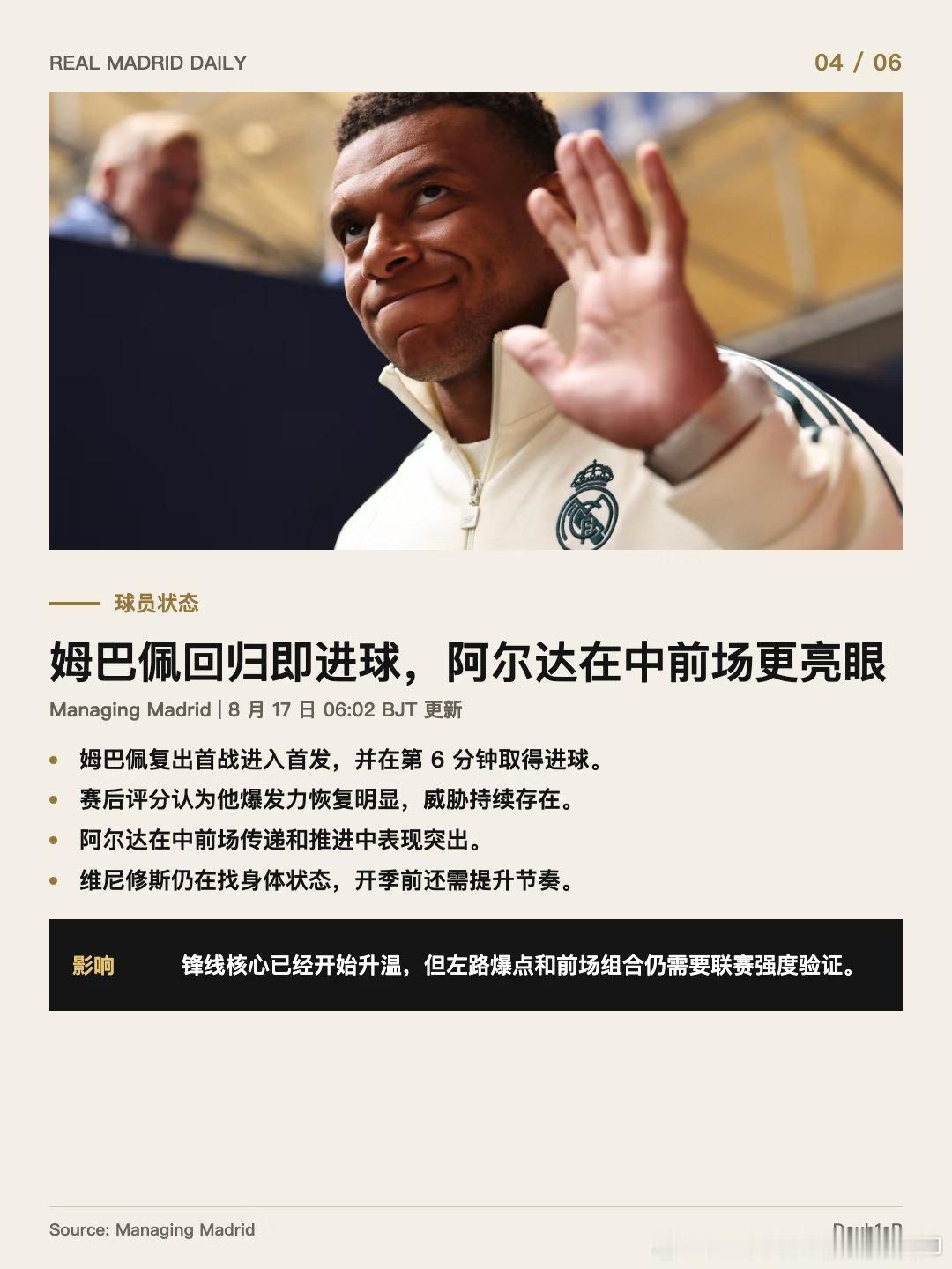 皇马在盖尔森基兴3-0击败沙尔克04，季前赛收官。姆巴佩开场6分钟破门，卡洛斯·