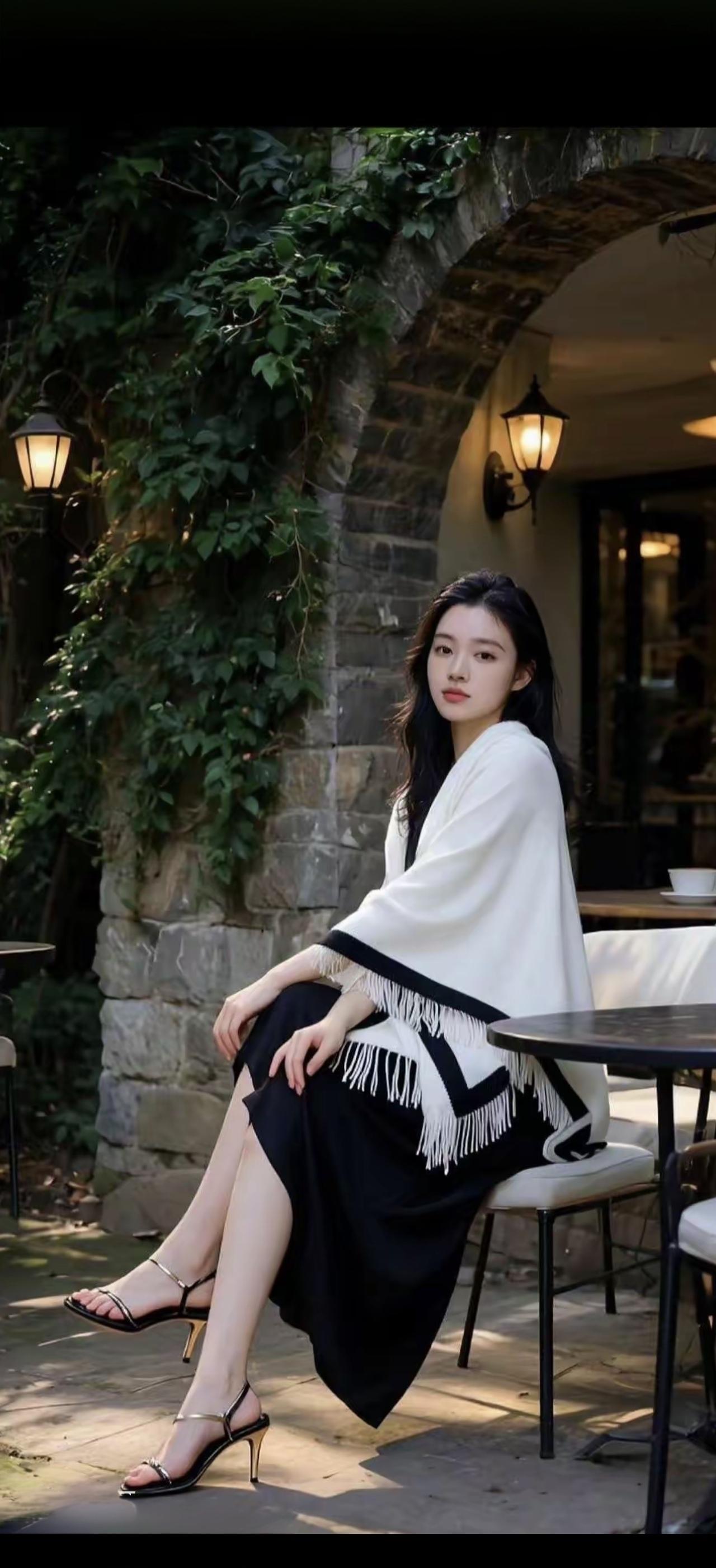 一位姑娘坐在户外咖啡馆里。