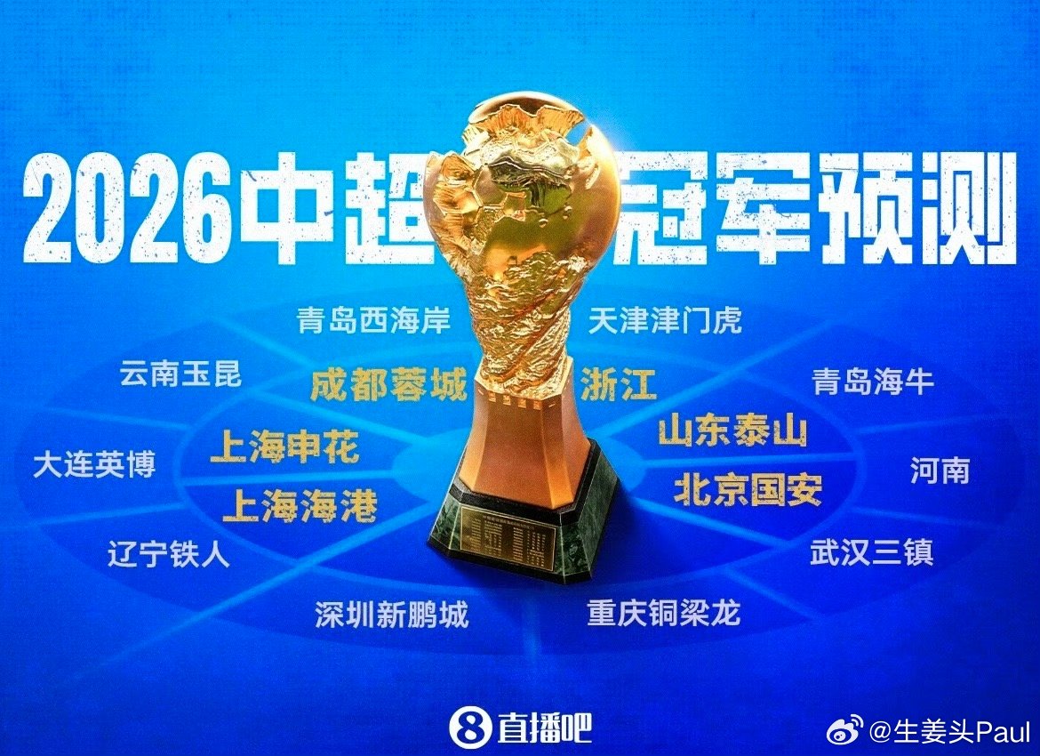 9队负分起步！直播吧2026中超冠军预测，看好哪队能破局夺冠？2026中超联赛即