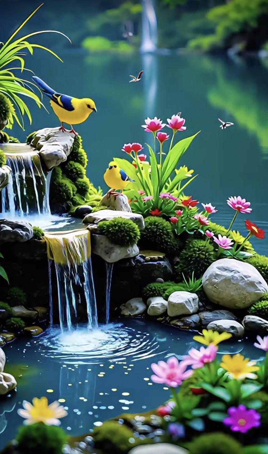 上联：鸟语穿林歌婉转
下联：溪声绕石韵清凉