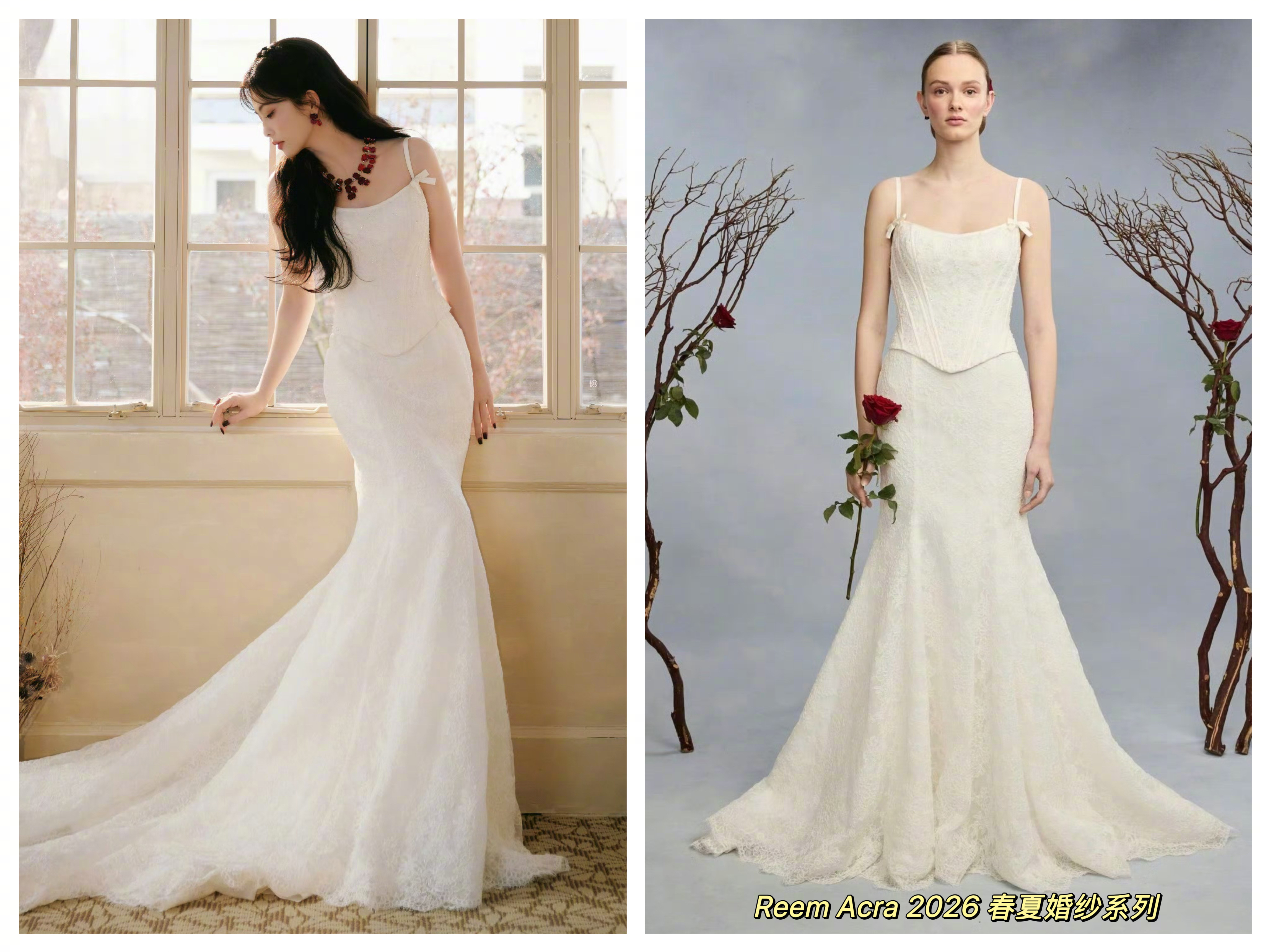 白鹿 今日品牌活动造型图，身穿Reem Acra 2026春夏婚纱系列礼服，钻饰