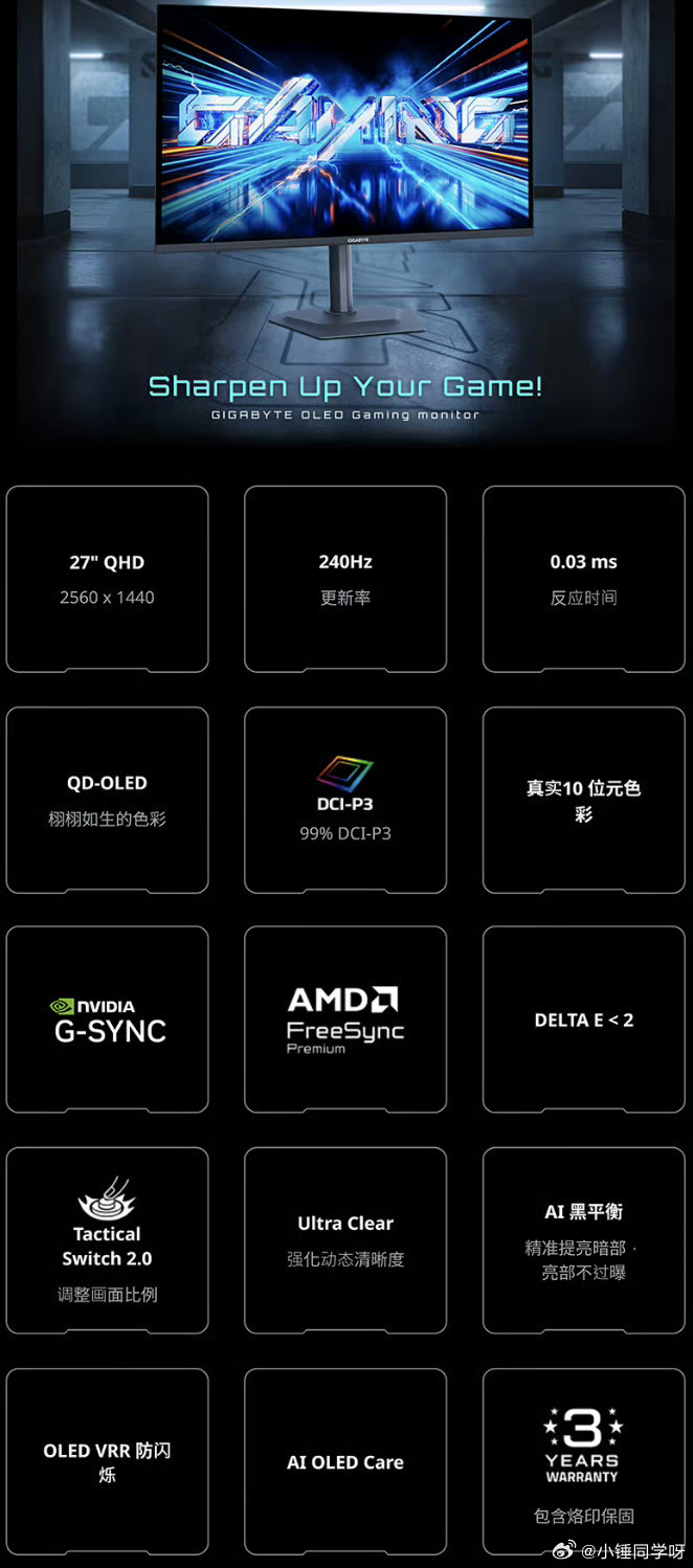 技嘉新出的这款显示器有点东西啊🖥️✨半镜面设计的QD-OLED屏，配上2K高刷