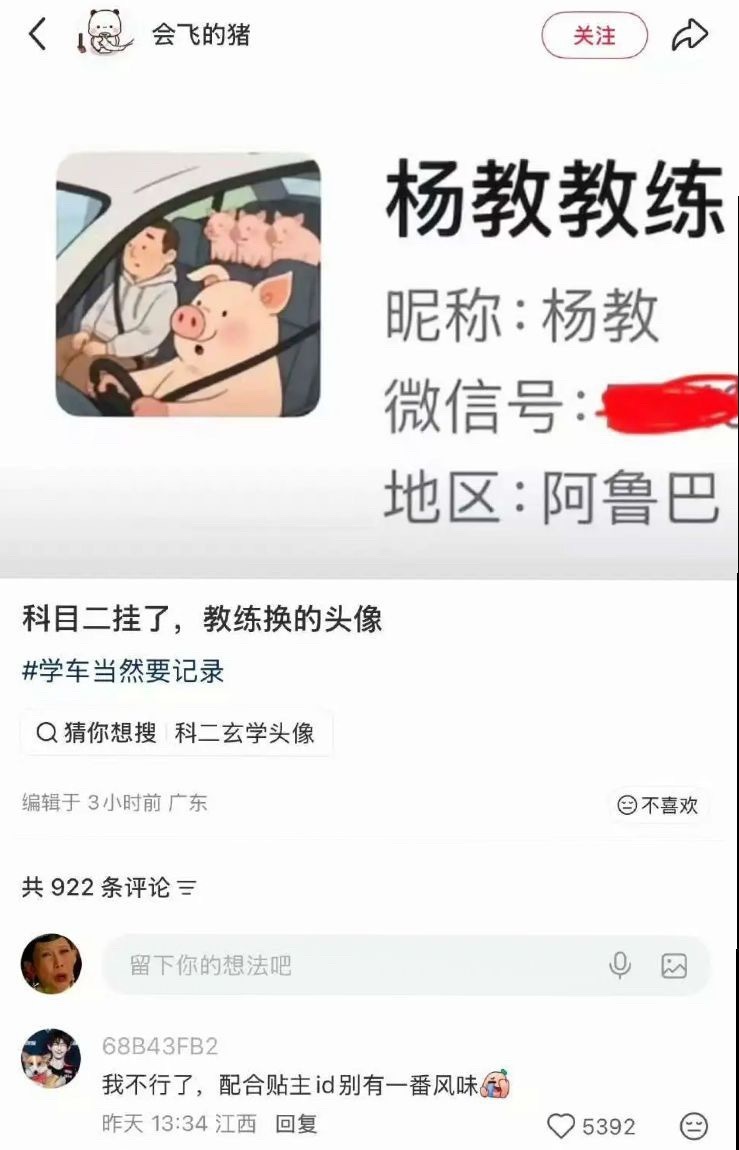 学员科目二挂科后，教练不骂不吵，默默把微信头像换成小猪扒墙、黑白emo等搞笑图片