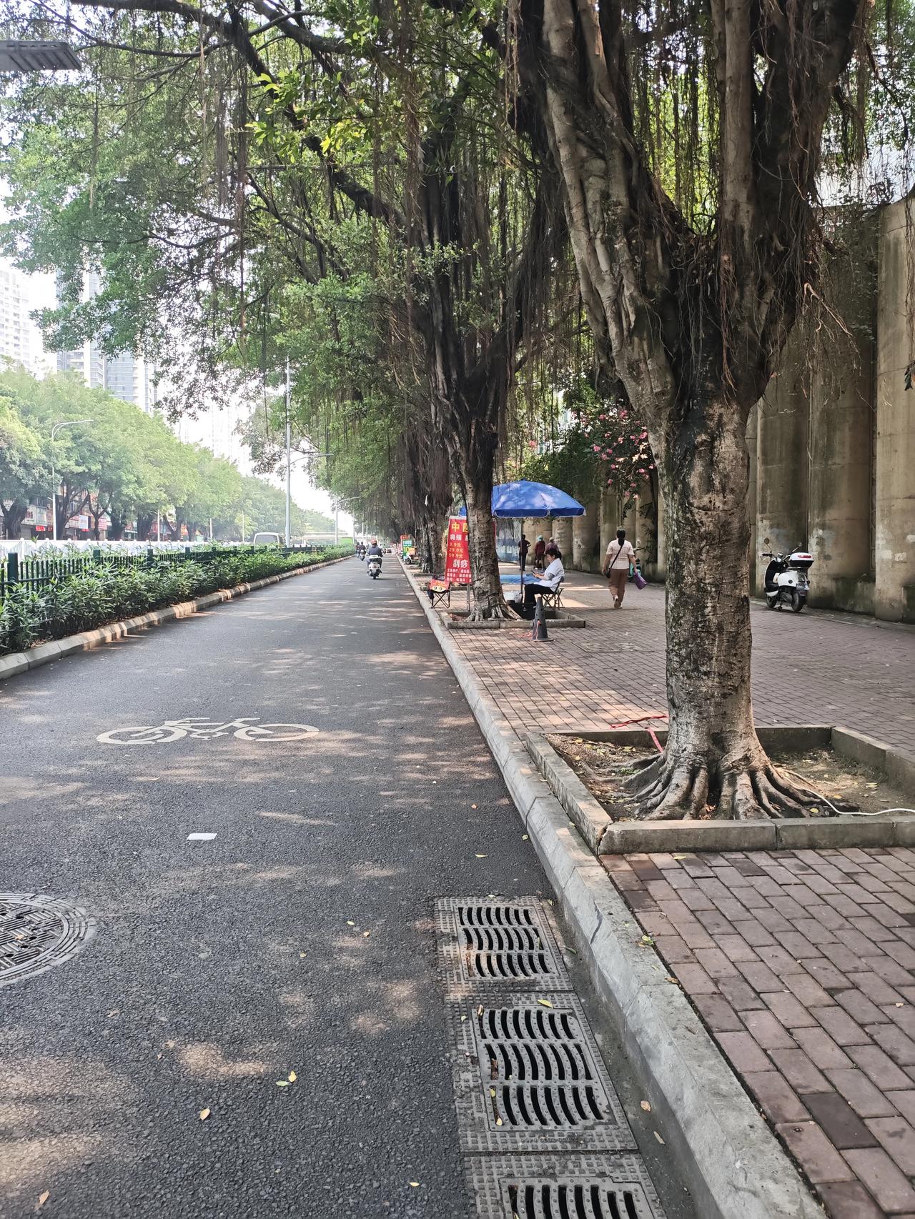 一条路全是各种摆摊的：小吃摊、理发摊、水果摊、蔬菜摊、锅碗瓢盆摊，中医馆针灸按摩