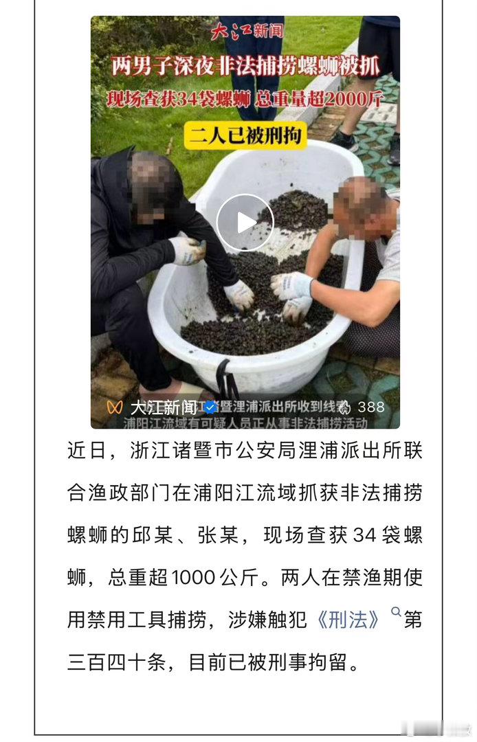 事发浙江绍兴诸暨，我一直以为，禁渔期不抓鱼就好，没想到捞螺蛳，也可能涉嫌刑事犯罪
