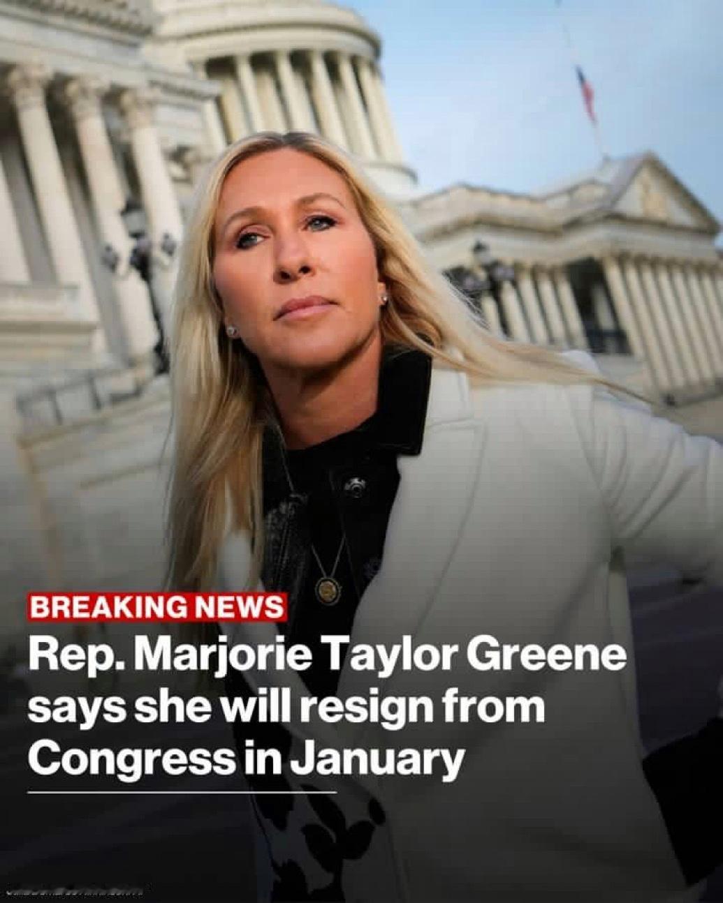 美国乔治亚州共和党众议员玛乔丽·泰勒·格林宣布，她将于2026年1月5日辞去国会