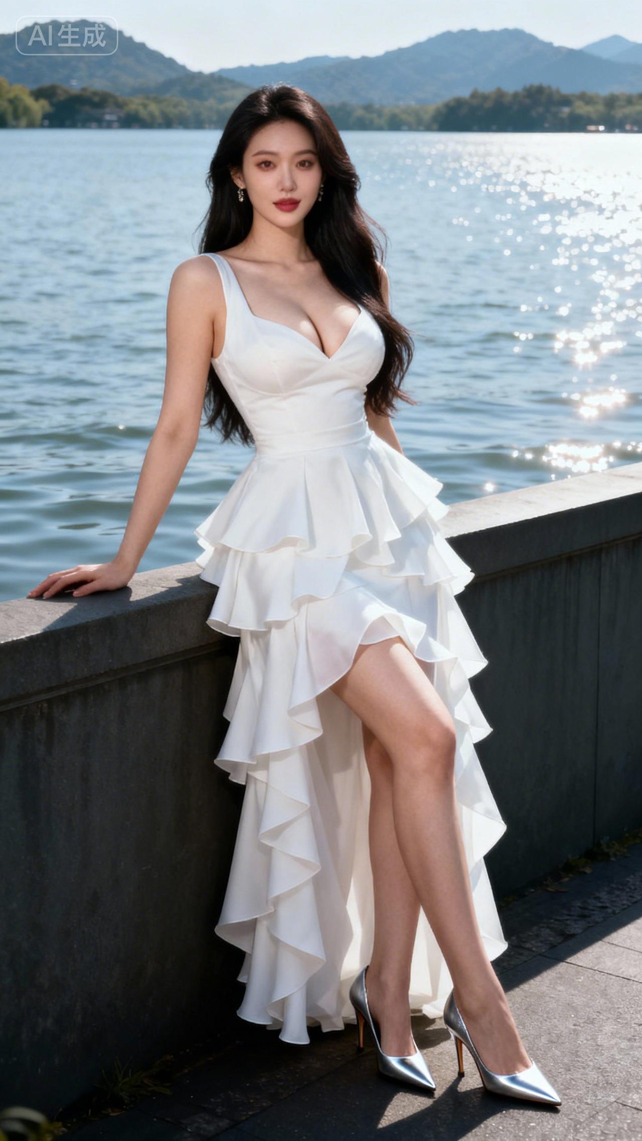 湖光揉碎在裙摆的褶皱里，风掠过发梢时，白裙似绽放在水岸的云。银色鞋跟叩响堤岸，将