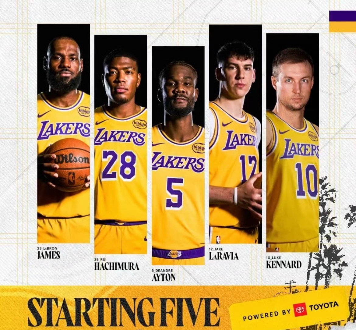 今日首发：詹姆斯，肯纳德，拉拉维亚，八村塁，艾顿太阳vs湖人