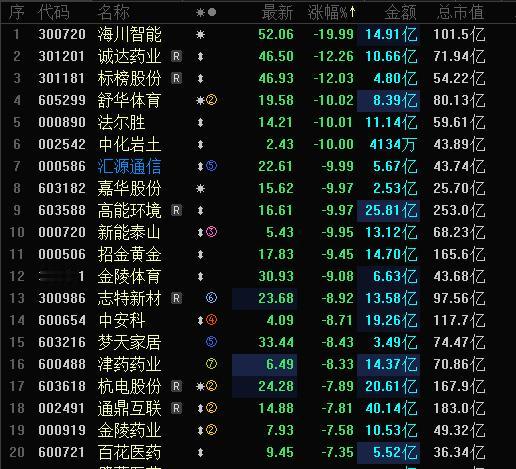 今天A股跌幅榜跌停股清一色的高标强股，海川智能20CM跌停，诚达药业大跌12CM