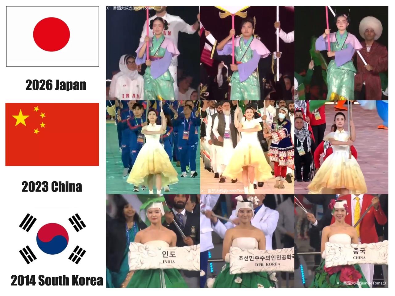 韩国网友在X平台上发了，中日韩三国亚运会开幕式举牌工作人员形象对比。
🇨🇳中