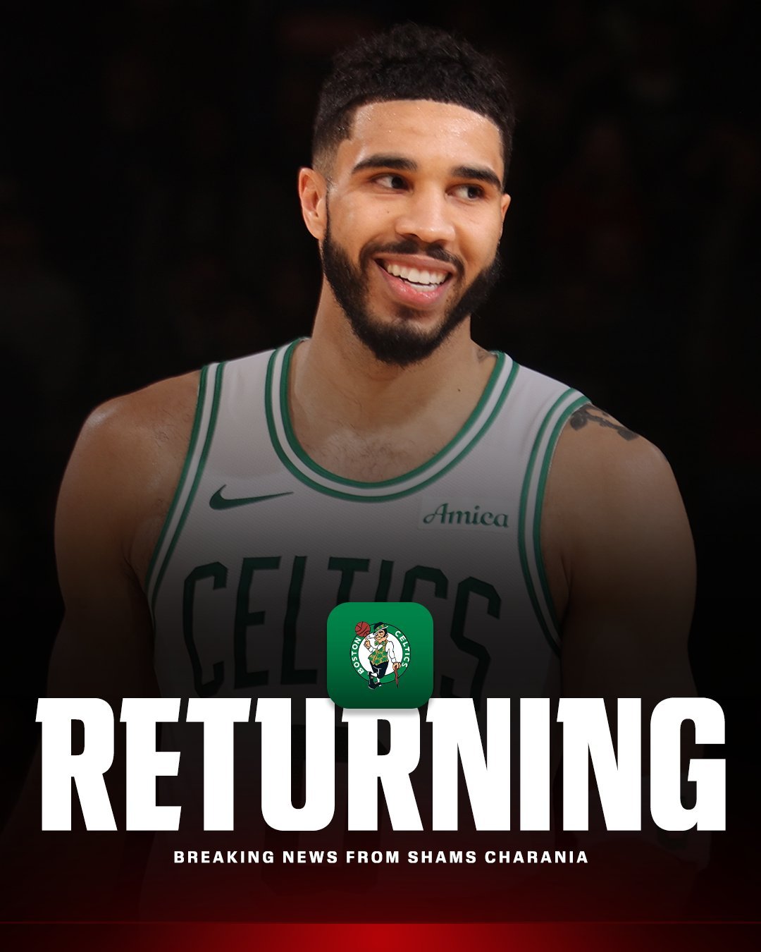 Breaking：本周六凯尔特人vs独行侠，塔图姆归来。 