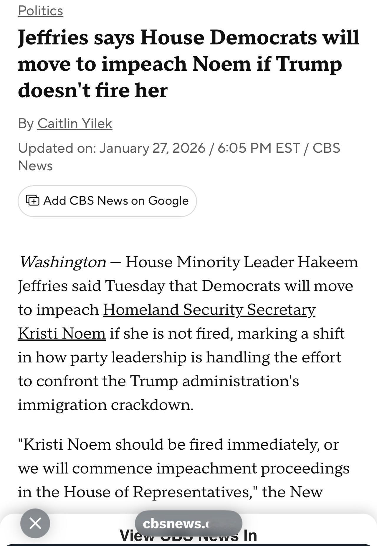 美国众议院少数党领袖哈基姆·杰弗里斯周二表示，如果国土安全部长克里斯蒂·诺姆不被