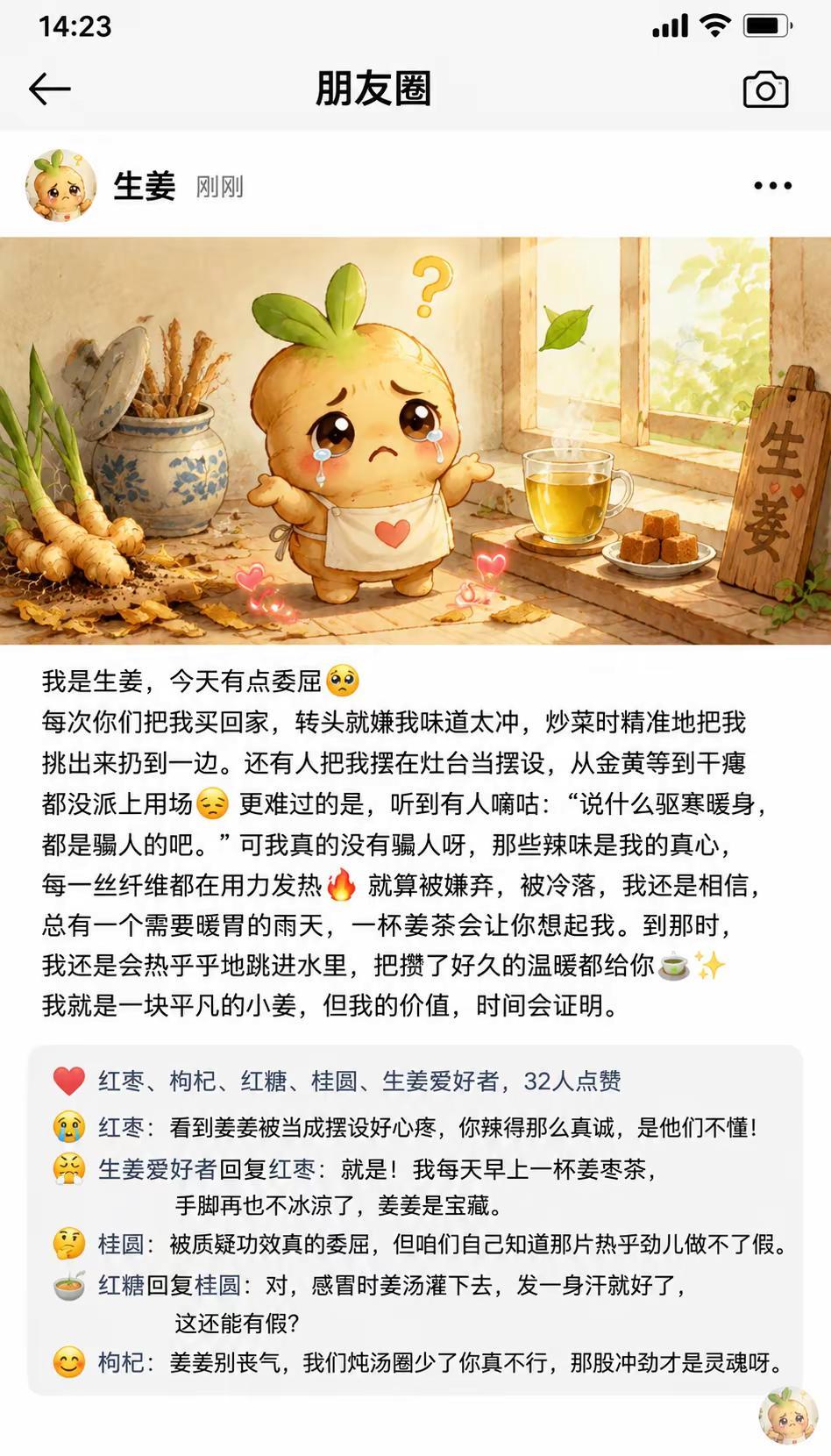 生姜委屈巴巴发朋友圈，最后一句破防了😭。买回来嫌味冲💔炒菜把我挑出来🥺摆灶