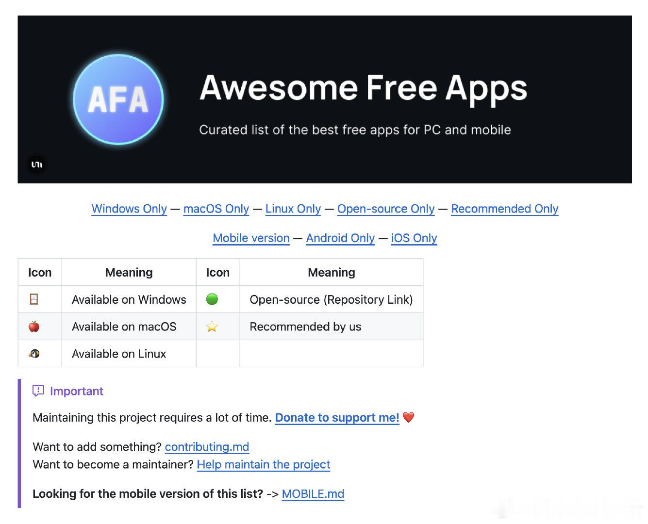 Awesome Free Apps：一个精心整理的免费应用推荐列表。收录范围：涵