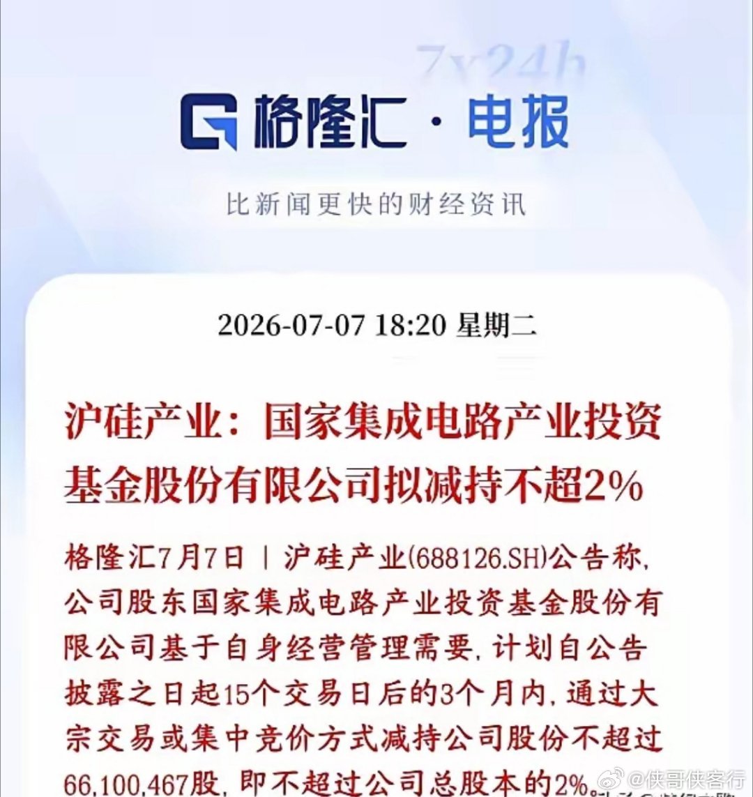 半导体板块爆出利空，本身就在调整，龙头又遭遇减持沪硅产业：持股股东国家集成电路大