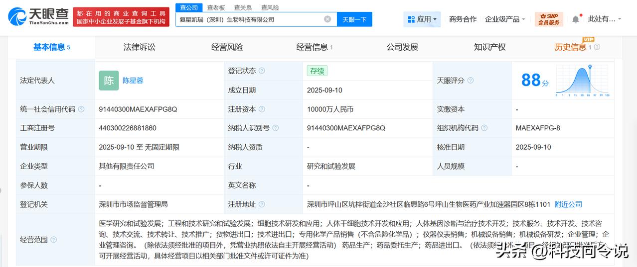 【复星医药在深圳成立生物科技公司 注册资本1亿】
天眼查App显示，近日，复星凯