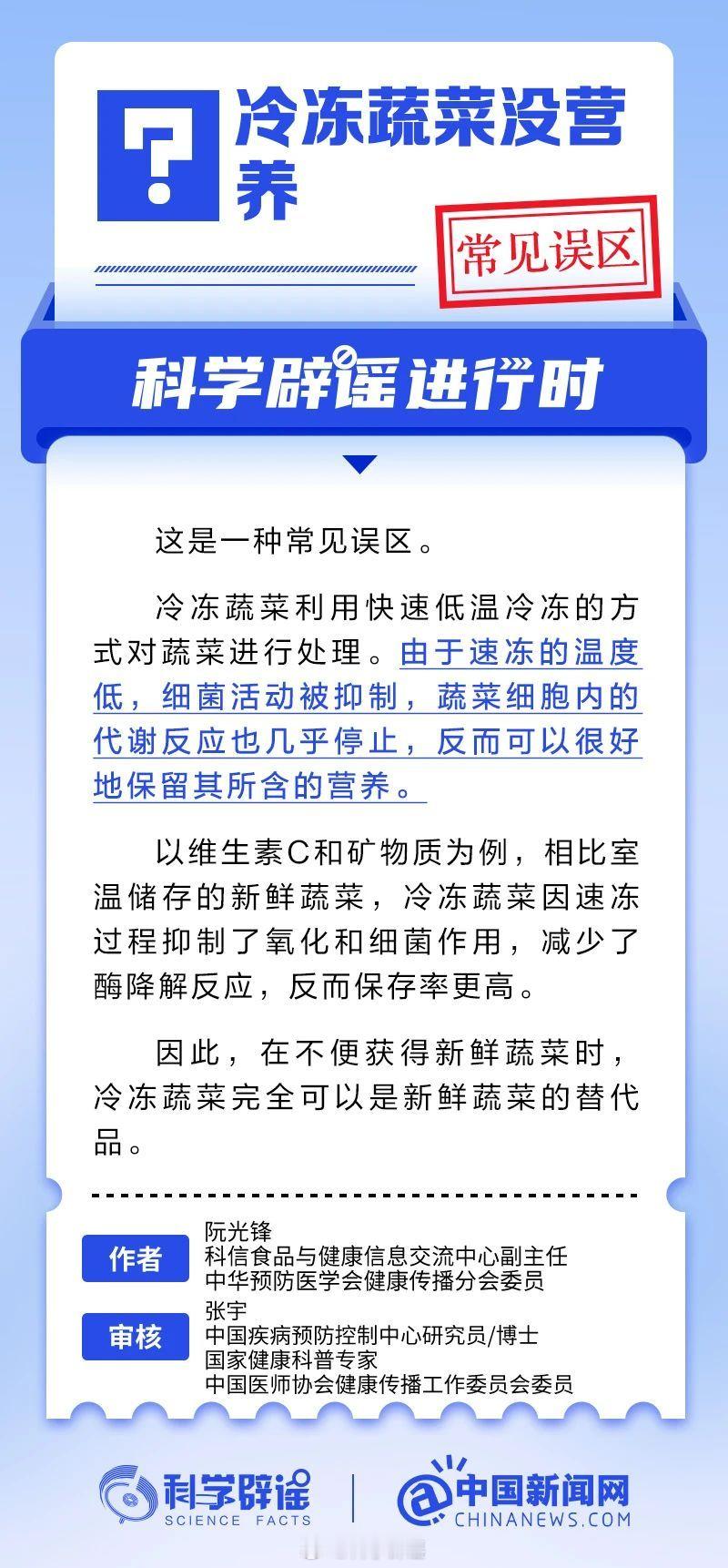 科学辟谣进行时 【冷冻蔬菜没营养？常见误区】由于速冻的温度低，细菌活动被抑制，蔬