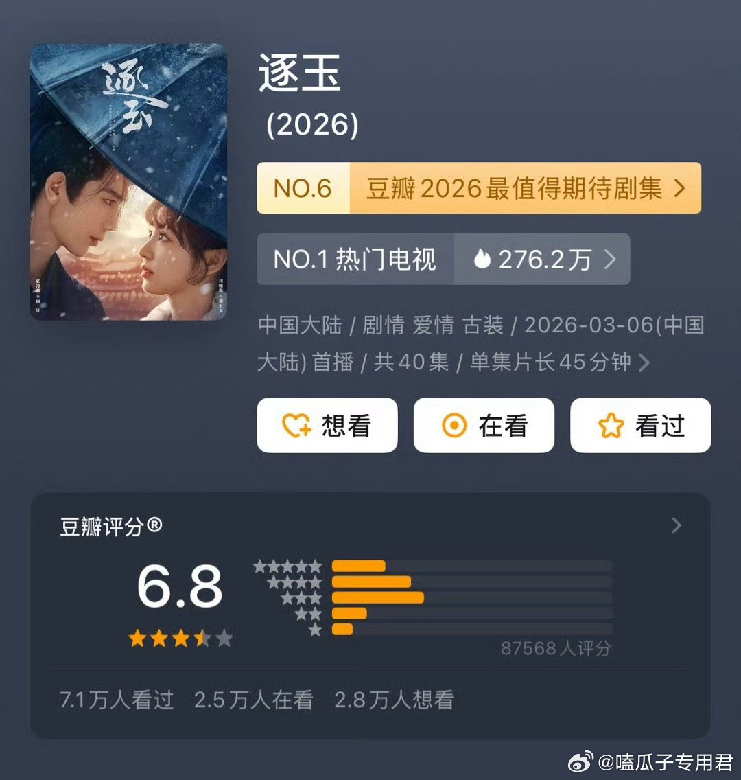 逐玉豆瓣6.8才8.7w人还说是被百家团建了？真百家团建的话，那各家出一点人就不