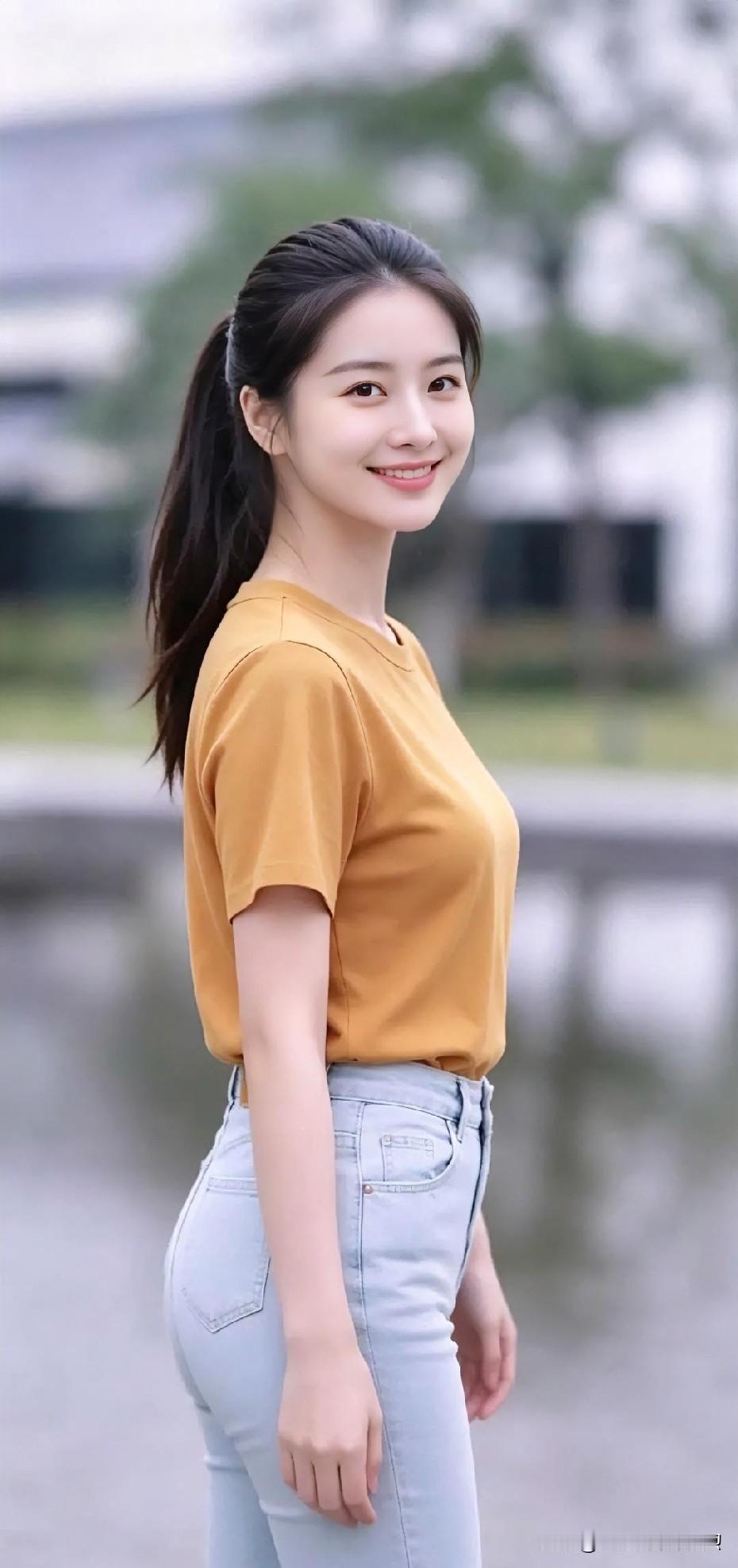 姜黄T恤搭配浅蓝牛仔，马尾轻扬回眸浅笑，于水岸晨光中定格青春活力与自在惬意的日常