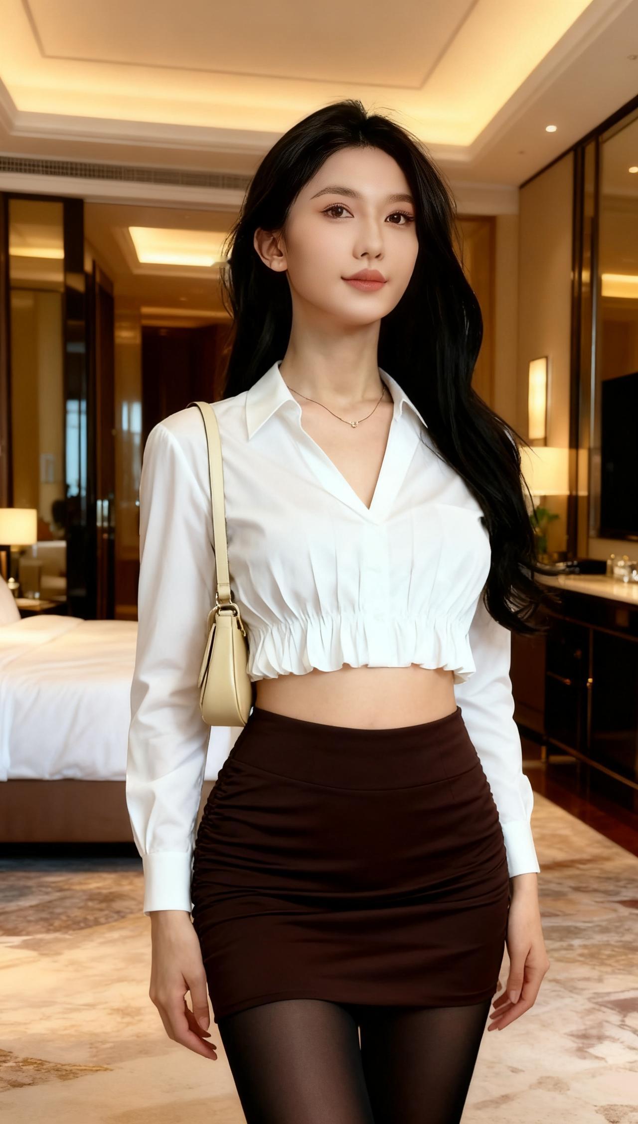 她身着一件短款白色V领衬衫，衣身的褶皱设计，下身搭配一条深棕色包臀短裙，勾勒出优