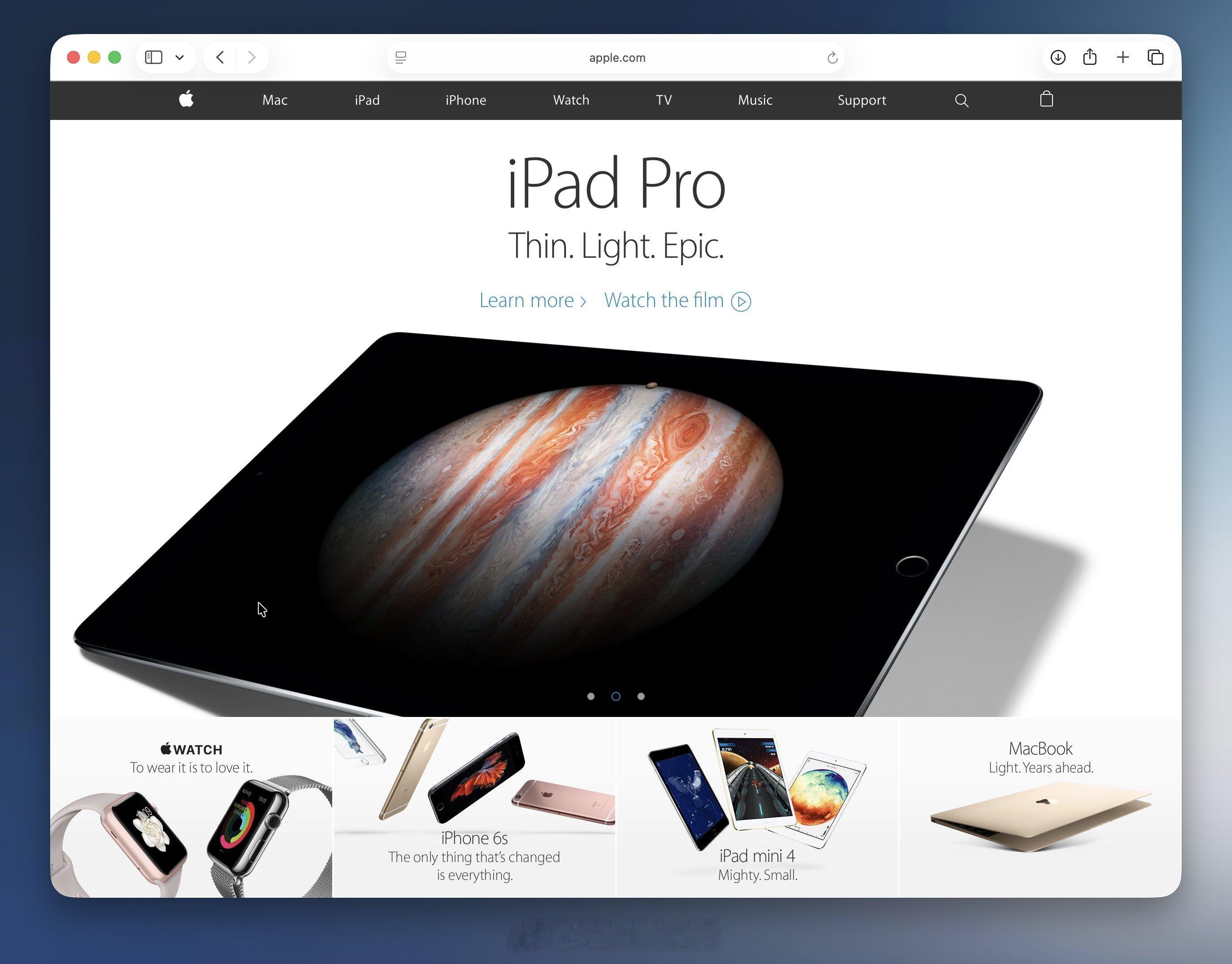 10 年前苹果官网的主页，一如既往的简约，也没想到 iPad Pro 都面世 1