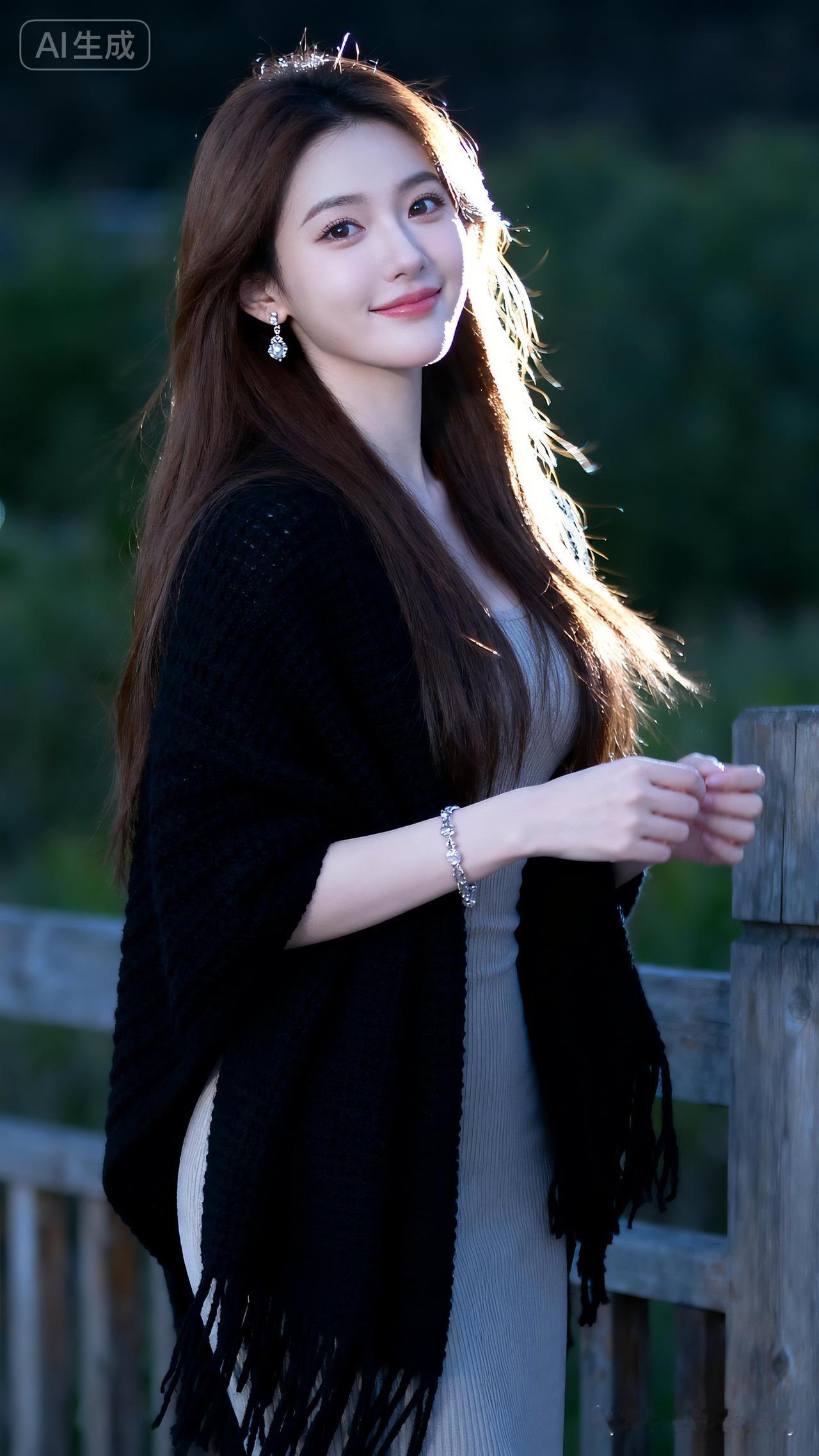 绝美网红冷白皮瓜子脸，黑发灵动，淡妆可爱松弛。身着修身长裙搭黑披肩，完美沙漏身材