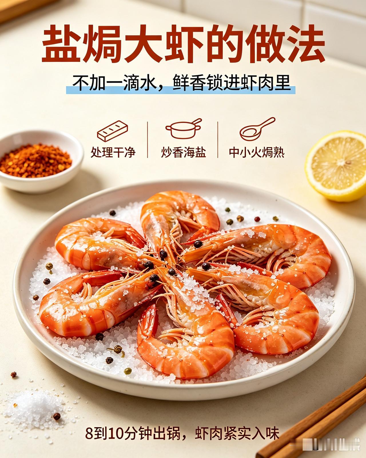 大虾剪去虾须、虾枪，挑出虾线，清水冲洗干净，沥干表层水分。锅里铺一层粗海盐，放八