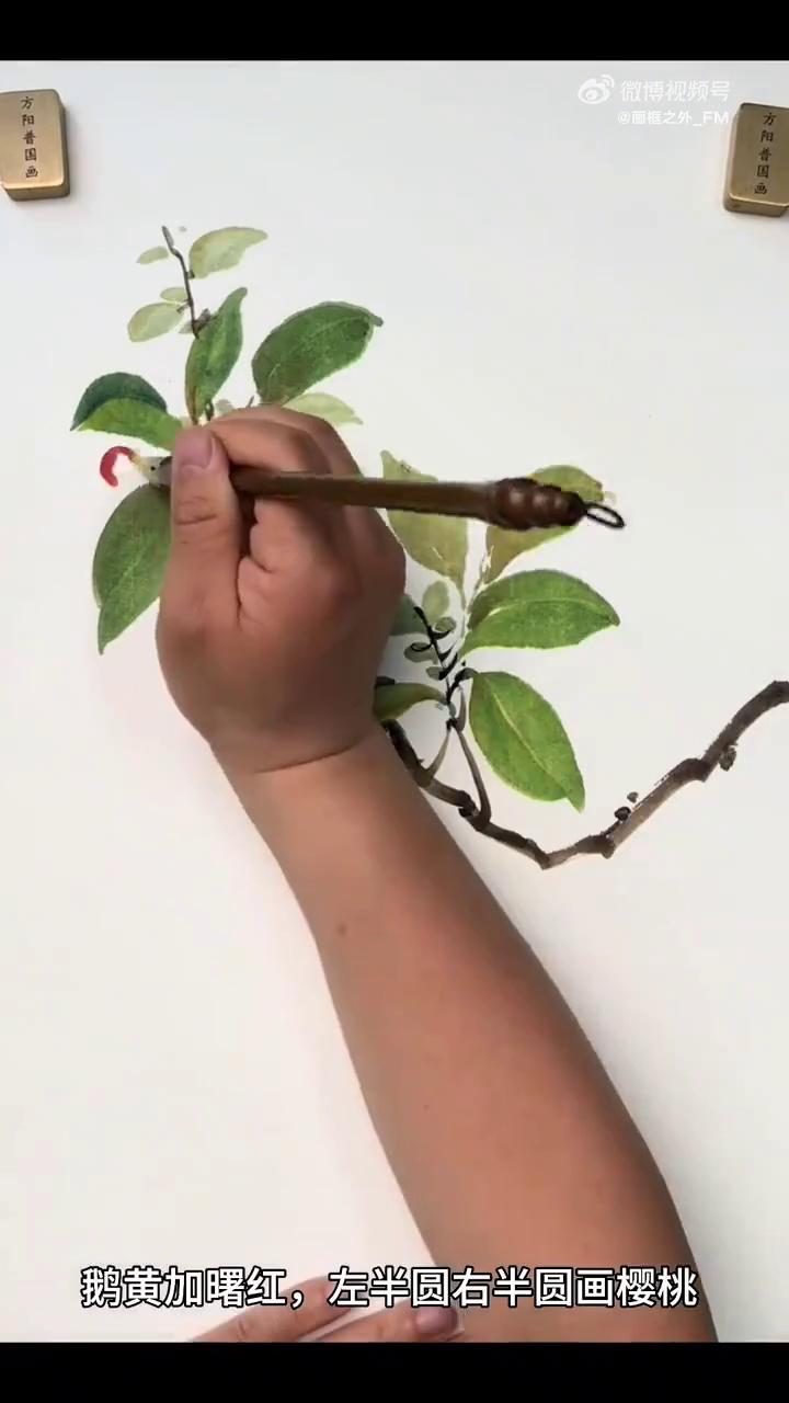 樱桃画法。
·藤黄加花青调绿色，两笔组合成一片腹部饱满的叶子。
·赭石加墨，中锋
