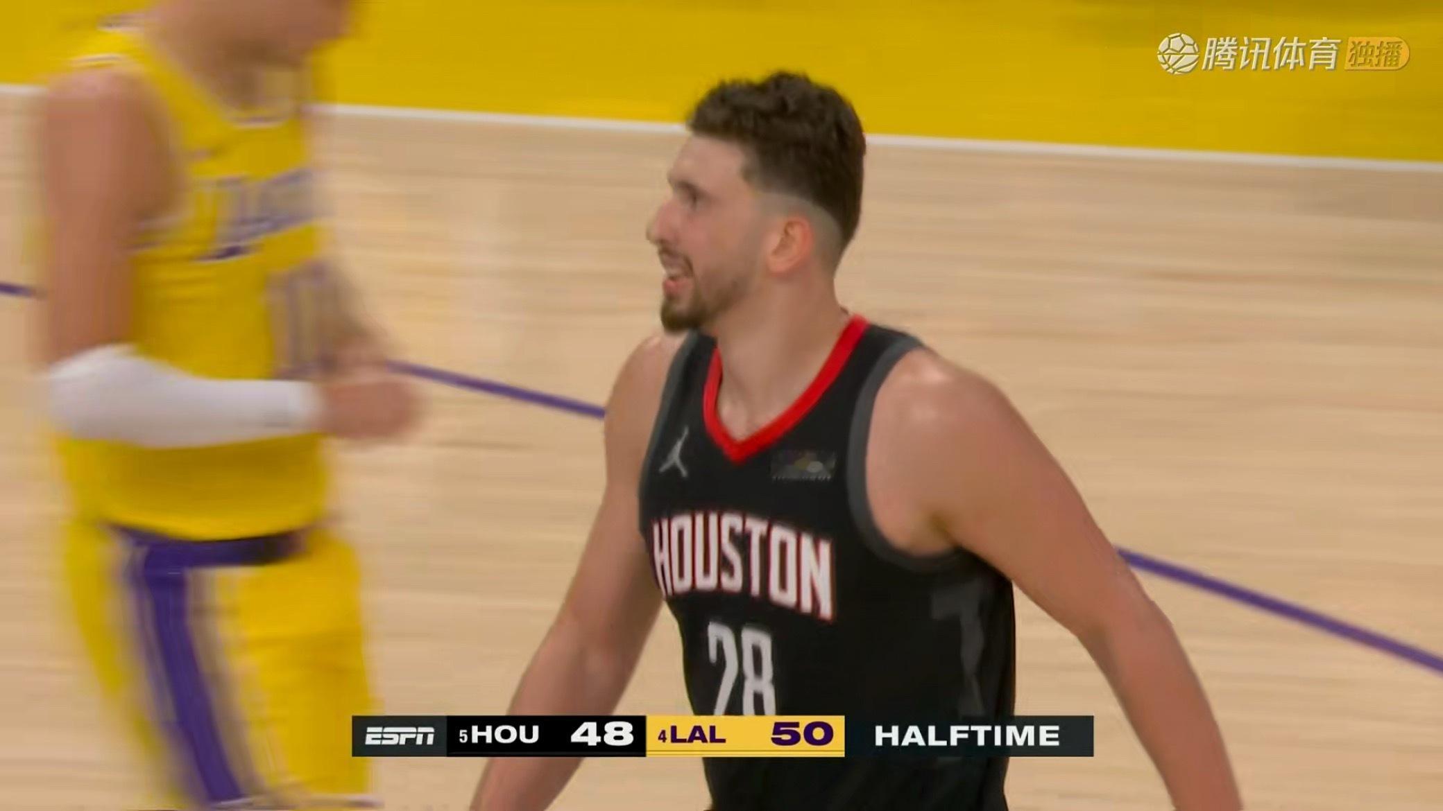 半场结束湖人50-48火箭，被追上了火箭vs湖人