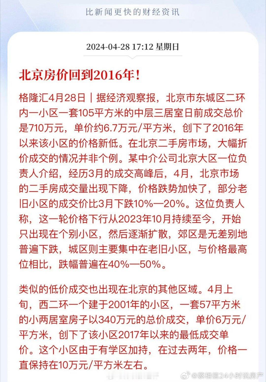 北京有些小区的房价回到2016年！ ​​​